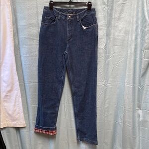 Duluth Trading Co Blue Jeans with Red Plaid Cuff